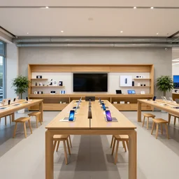 (wood and concrete flagship retail interior Samsung Microsoft, Apple, large tables with mobiles and tablets, stools, plants) XF IQ4, 14mm, f/1.4, ISO 200, 1/160s, 8K, RAW, unedited, symmetrical balance, architectural photography, in-frame