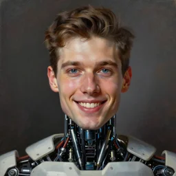 sweet interesting portrait of a smiling cyborg man, oil painting. HD
