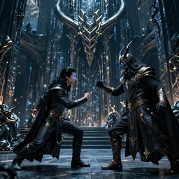 Fingolfin, the Highking of the Noldor with black hair and blue, glowing eyes, fighting Melkor, the Dark Lord and Master of all evil in front of his dark and gigantic fortress Angband
