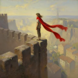 a young girl standing on top of an impossibly tall wall, looking down at what is on the other side. she wears a shirt and trousers and a very long red scarf around her neck that trails down a long way. beautiful fantasy painting by artgerm and greg rutkowski