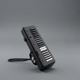 3 d render black electronic melodica musical instrument, centered on studio gray background, octane engine render, extremely detailed product concept, wearable musical instrument