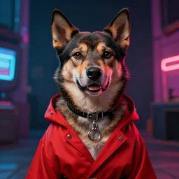 fancy dog in a red robe, portrait, highly detailed, vibrant colors, cyberpunk, unreal engine 5