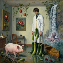 painting of a flooded artist's apartment and a tall emo pathologist, a rope made of courgettes, a pig, paintings on the wall, pomegranates, vines, waterfall, octopus, canoe, berries, zen, sensual, surrealist painting by magritte and rousseau and monet
