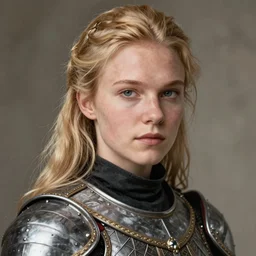 blonde german actress with high cheekbones., wearing medieval armour, art by herb ritts, highly detailed, fine art, high detail, great lighting, 8 k resolution, masterpiece, clear eyes, soft lighting, hdr, 4 k, 8 k, hd