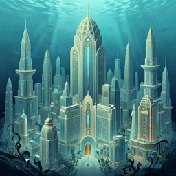 art deco marketplace of massive proportions in an underwater city, illustration by yoann lossell, raphael lacoste