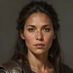 beautiful, very strong, mixed race woman, middle aged, face, natural, no makeup, no tattoos, warrior, battle hardened, head shot, fantasy, highly detailed, digital painting, artstation, concept art, sharp focus, illustration, art by jodie muir and brom