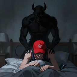 big black demon shadow figure standing behind someone making the bed wearing a red basketball cap, nightmare digital art, artstation, ultra detailed, beautiful aesthetic art