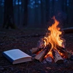 book near a campfire, spooky forest background burnt orange and navy hues, highly detailed, dslr