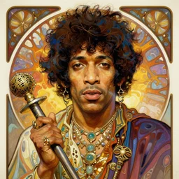 “colorfull artwork by Franklin Booth and Alphonse Mucha and Moebius showing a portrait of Jimi Hendrix as a futuristic space shaman”