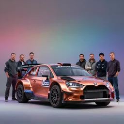 sport rally car copper paint job by sebastian luca and pablo carpio and edgaras cernikas and wang ke and damon greenhalgh, in wide view shot. blank background with some dreamy color lights.