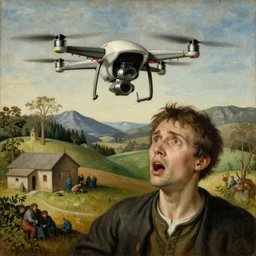 a drone attack to innocent villager, close-up villager terrified by drone, in the fashion of Hieronymus Bosch, oil on canvas, painting, 4k