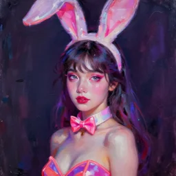 painted close - up portrait of a neon sensual bunny girl. oil painting, wearing neon attire, fantasy art by greg rutkowski and john singer sargent and gaston bussiere, demon noble character design