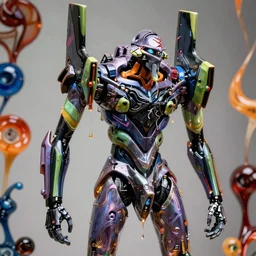 drippy liquid metal combat mecha, gouf evangelion, liquid mechanical exoskeleton wearing swirling hardsurface armour holding scifi weapons, sculpted by spider zero, jeff koons, chihuly, trending on artstation # chihuly # evagelion # chihuly