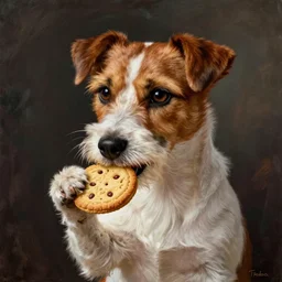 portrait of jack russel terrier eating a cookie!!!, illustrated by peggy fortnum and beatrix potter and sir john tenniel