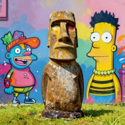 bill cipher moai statue popart slap face caricature cartoon graffity, romero britto, mark ryden simpson family artstation colorful vibrant beeple, by thomas kinkade