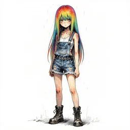 a grungy pizza woman with rainbow hair, soft eyes and narrow chin, dainty figure, long hair straight down, torn overalls, short shorts, combat boots, side boob, wet tshirt, raining, basic white background, symmetrical, watercolor, pen and ink, intricate line drawings, by Yoshitaka Amano, Ruan Jia, Kentaro Miura, Artgerm, detailed, trending on artstation, hd, masterpiece,