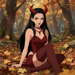 a stunning demon girl sitting in an autumn forest, fantasy graphic novel style, by wendy pini and virgil finlay, intricate, very fine inking lines, extremely detailed, 4k, hd