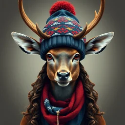 symmetry!! portrait of horned deer wearing a colorful beanie!, scarf!, long curly hair intricate, elegant, highly detailed, digital painting, artstation, concept art, smooth, sharp focus, illustration, art by artgerm and greg rutkowski and alphonse mucha, 8 k