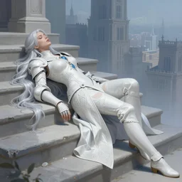 knight, lying down on steps, white grey blue color palette, eyes closed, cityscape, female, d & d, fantasy, intricate, elegant, highly detailed, long silver hair, digital painting, artstation, octane render, concept art, matte, sharp focus, illustration, hearthstone, art by artgerm, alphonse mucha johannes voss