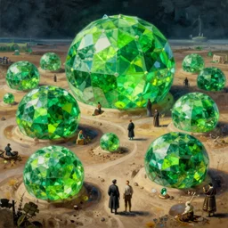 hyper detailed painting of giant domes made of bright, shining, vibrant neon green emeralds, sprawling across majestic parched plains, by francisco goya and rembrandt, unsettling, mysterious, by stephan martiniere and alexander fedosav, hyperrealism, 8 k resolution, behance hd, artstation, nightcafe