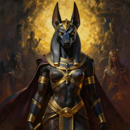 majestic gracious anubis female warrior portrait, menacing, atmospheric lighting, painted, menacing, overpowering, intricate, volumetric lighting, beautiful, rich deep colours masterpiece, golden hour, sharp focus, ultra detailed, by leesha hannigan, ross tran, thierry doizon, kai carpenter, ignacio fernandez rios