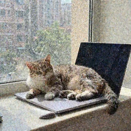 A cat lounging on a laptop computer near a window with a mid day city outside