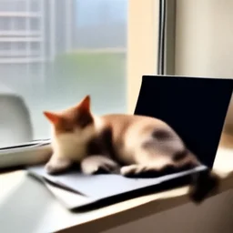 A cat lounging on a laptop computer near a window with a mid day city outside