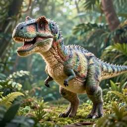 photo realism, fluffy tyrannosaurus rex, jungle background, 4 k, detailed