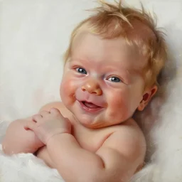 portrait painting of woman from scandinavia, newborn, blonde hair, daz, occlusion, smiling and looking directly, brushstrokes, white background, art by enki bilal