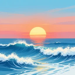 waves crashing in the sea at the sunset, vibrant, complimentary color scheme, digital art, illustration, aesthetic, artstation, 4 k, anton fadeev