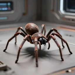 cinematic portrait of single squared minimalistic robot spider with big body and thin legs, space station room at background, high detail, 8 k, sharp focus, movie still, dramatic lighting, ray tracing, smooth, lane brown, finnstark, oleg bulakh, diego fazio, mike dargas, emanuele dascanio, felix englund, michal karcz