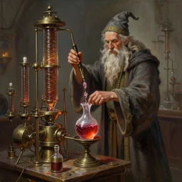 an old wizard operating a random pointlessly elaborate intricate contraption pneumatic machine, extracting a healing potion, dnd character art portrait, matte fantasy painting, deviantart artstation, by jason felix by steve argyle by tyler jacobson, cinematic lighting