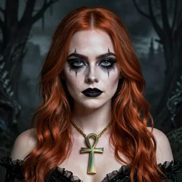 emma stone as death from sandman illustrated detailed gothic makeup ankh necklace