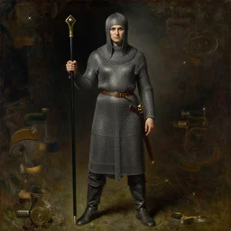 orc warrior woman in chainmail scowling at viewer, full body, pre-raphaelite, in the style of John William Waterhouse, oil painting