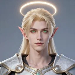 Portrait of an Aasimar man wearing a paladin garb with light green eyes short platinum blonde hair a kind face a halo of light over his head and a distantly hopeful expression, cinematic lighting, detailed, beautiful, illustration by Greg Rutkowski, Andrei Riabovitchev Jean Giraud Tom Anders Zorn, Edward Hopper and Ilya Kushinov, Frederick Bacon, Tom Anders Zorn, John Collier, Vladimir Abat-Cherkasov