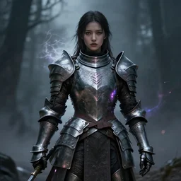 a woman in heavy armor, aura of magic around her, gloomy atmosphere, trending on artstation
