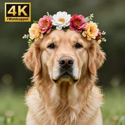 A golden retriever, wearing a flower crown. 4K HD Wallpaper. Premium Prints Available