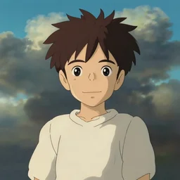 Boy without smile, dramatic clouds, made by Studio Ghibli, Accent lighting, front lit, highly detailed art, beautiful scene, sharp focus, smooth, 8k, Studio Ghibli