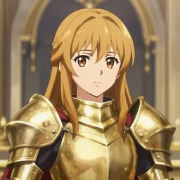 full anime portrait of beautiful paladin lady in the temple, face details, heavy brass armor, red ponytail, white skin, golden eyes, high fantasy, dnd, extremely detailed, digital illustration, by kurone mishima
