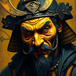 portrait of old samurai, goth punk, vibrant yellow colors, surreal, french baroque style by alexander mcqueen, hyper detailed, cinematic, art by bill sienkiewicz trending artstation