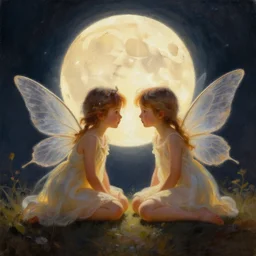 two little fairies. moonlight. warm brilliance. photorealistic painting by greg rutkowski.