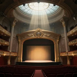 landscape architect matte painting of a large ominous theatre with a large center - stage lit by the sunlight of a skylight dome above the stage, detailed illustration, dramatic lighting