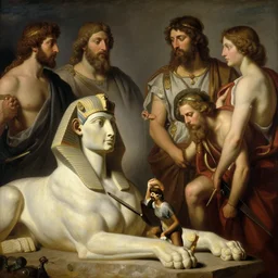 Riddle of Sphinx plaguing Thebes and ordeal of the traveller by Jeff Easley and neoclassic painting, fantastic reality, detailed and beautiful faces, dramatic lighting, establishing shot, 8k resolution – W 1024