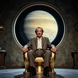 the figure of salvador dali as emperor sitting on gold futuristic chair in front of huge central porthole in which venus planet is visible | still frame from the movie by alejandro jodorowsky with cinematogrophy of christopher doyle and art direction by hans giger, anamorphic lens, kodakchrome, 8 k