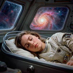 close face portrait of Mila Kunis sleeping in a cry pod in a derelict space ship, saturated nebula through large windows, 1970, Ludek Pesek, Rick Guidice, Chesley Bonestell, Lucien Rudaux, Rolf Klep, Fred Freeman, George Pal