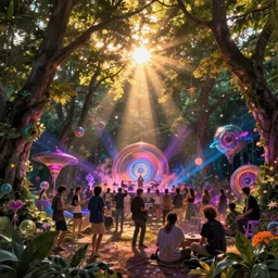detailed art on artstation, Luma gardens, Schelling Party, sunlight through trees at dusk,  light-show, people at a cosmic party, music, vibrant, futuristic, utopian