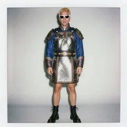 a person with blonde hair, a big nose, small lips, weird sunglasses, wearing a mongolian chestplate, a y 3 miniskirt, doc marten boots, polaroid, full body shot, by jamel shabbaz, robert mapplethorpe, davide sorrenti