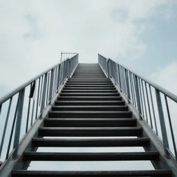 looking up from the bottom of a long steep metal staircase extending into the sky, high sharpness, concept art, dreamlike, highly detailed