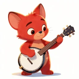 dreamworks, disney, a red little kitten playing banjo, humanoid, golden hour, digital art, watercolours, face study, concept art, white background, textured paper