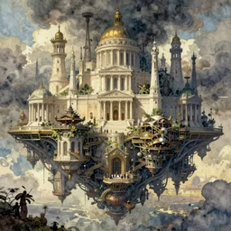 the amazing floating neoclassical city, fantasy, steampunk. intricate, amazing composition, colorful watercolor, by ruan jia, by maxfield parrish, by marc simonetti, by hikari shimoda, by robert hubert, by zhang kechun, illustration, gloomy